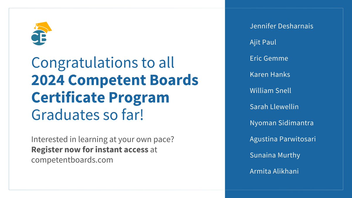 Big congratulations to the most recent graduates from our Certificate Programs 🎓🎉
Learn more about our programs👉  competentboards.com
#CompetentBoardsMovement ExecutiveEducation #BoardEducation