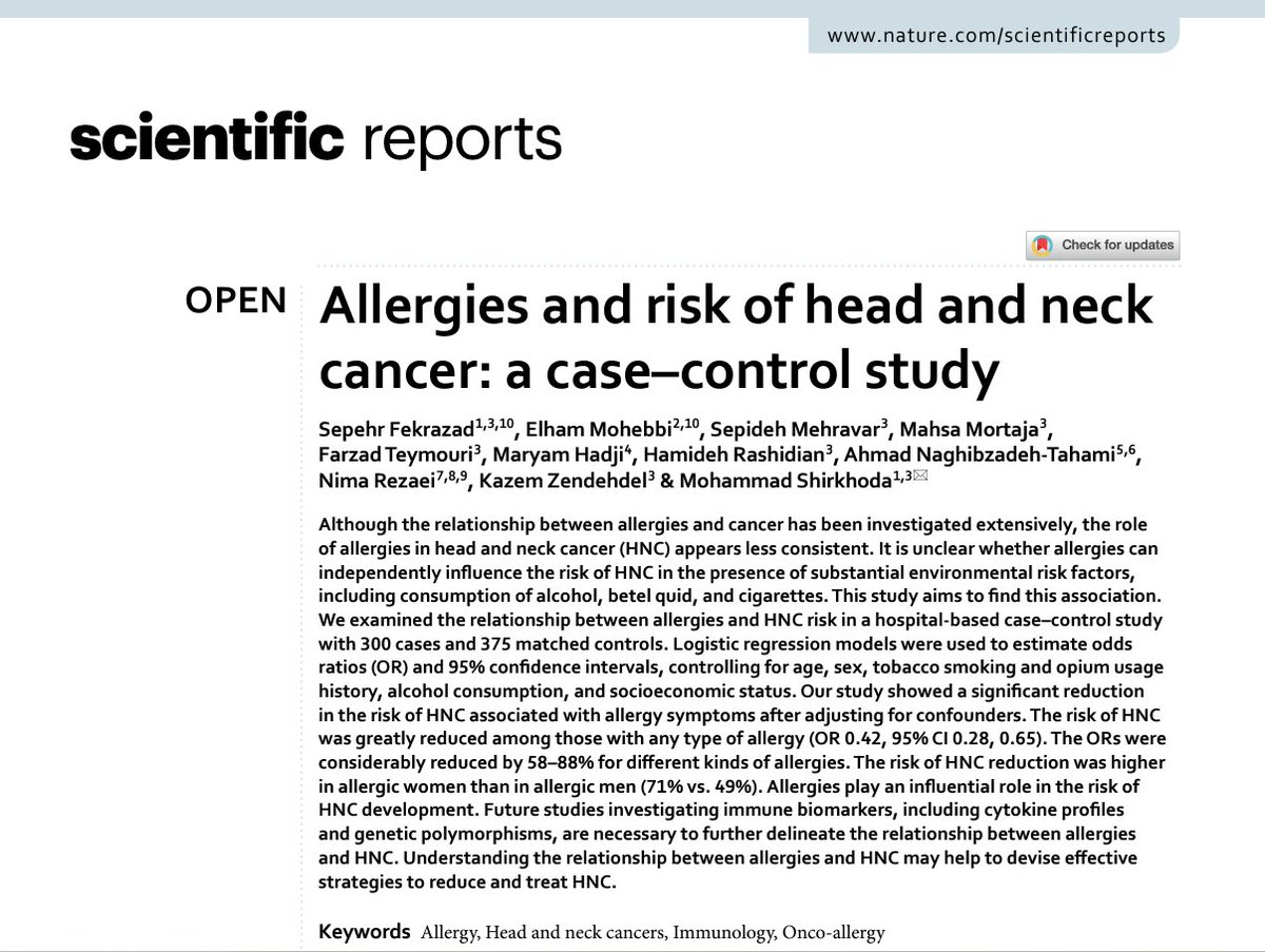 🚨 How can allergies protect against head and neck cancer?
🤧Discover which types of allergies are crucial! I'm thrilled to share our new paper on "Allergies and Risk of Head and Neck Cancer" in <a href="/SciReports/">Scientific Reports</a>. #CancerResearch #Immunology #HeadAndNeckCancer
nature.com/articles/s4159…
