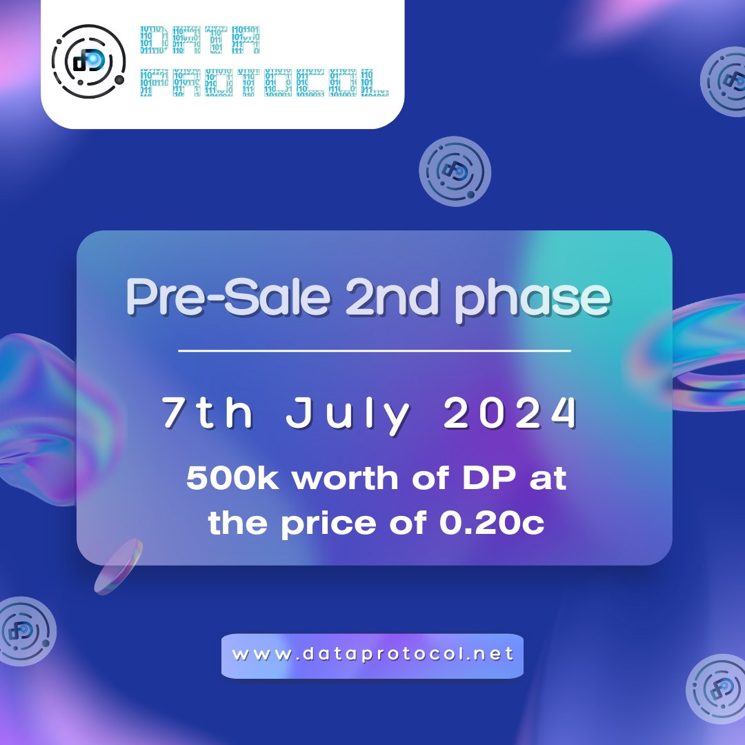 DataProtocoldp's tweet photo. Data Protocol
Pre- Sale 2nd Phase on 7th July 
At DP price 0.20 C
Stay Tuned ....🚀

🌐 https://t.co/46jJgYAHE1

#DataProtocol #dptoken #DataProtocolToken #presale #nft #web3 #decentralizedfoundation #Token #dp https://t.co/Sp4Bqi3JMq