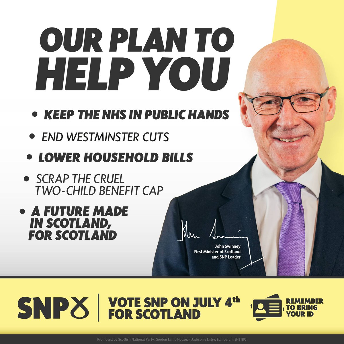 theSNP's tweet image. We have a clear plan for a better future for Scotland.  

🏥 Protect our NHS 
🛑 End Westminster cuts 
💷 Lower household bills 
🚸 Scrap the two-child cap 
🏴󠁧󠁢󠁳󠁣󠁴󠁿 Build a future made in Scotland  

Vote for hope. Vote for change. #VoteSNP today by 10pm and remember your photo ID.