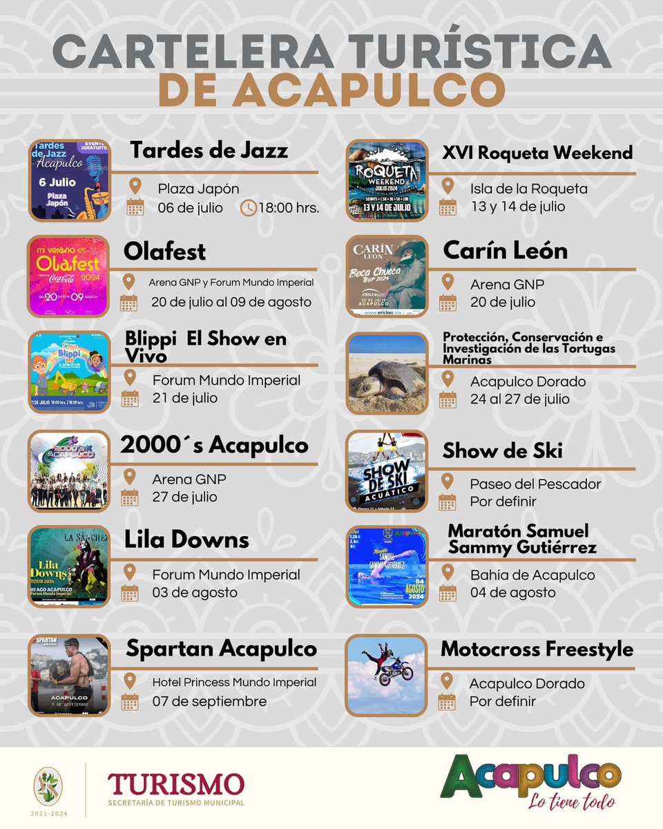 Sectur_Acapulco's tweet photo. ✨#CarteleraTurística de #Acapulco actualizada. 

📰 ¡Asiste con familiares y amigos a estos grandes eventos que se presentan en Acapulco durante el 2024 e inicio del 2025! 🎶 🎉 🕺 🎊 🏃 🚴 🎤 🎭

#AcapulcoLoTieneTodo 

#AcapulcoRecargado 🌟
#AcapulcoReloaded 💯

@AcapulcoGob https://t.co/9gi6lGLbu2