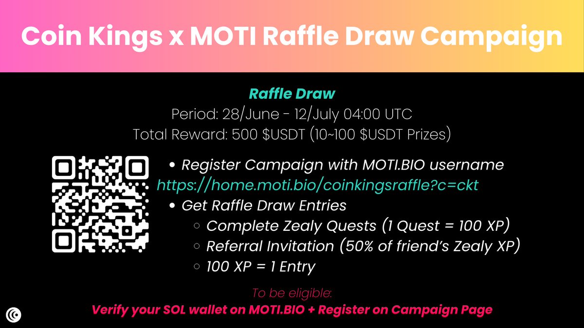 TraidaBot's tweet image. Join in our $500 $SOL along with @MOTI_BIO , simply follow the steps for raffle entries for a chance to win!

Remember our public beta is on now!

home.moti.bio/coinkingsraffl…

#CoinKings