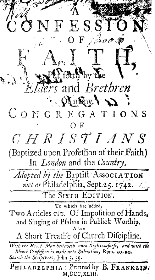 Petty_France's tweet photo. A document passed by an assembly at Philadelphia.
+ 
Benjamin Franklin
=
The 1743 Philadelphia Confession, printed by Benjamin Franklin. (The Philadelphia Confession is 2LCF + two extra chapters.) https://t.co/Qy1OOGIax4