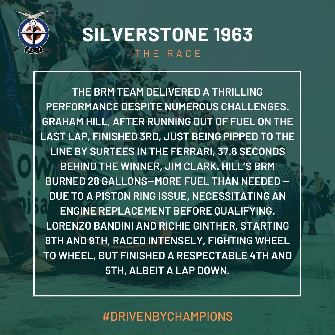Silverstone is one of the most historic race tracks in the world, and BRM were keen to make their mark. While we never won here in Formula One, we gave it everything in 1963. #BRM #drivenbychampions #BritishGP #F1 #Motorsport #GrahamHill

📸 Revs Institute 
📸 Doug Nye