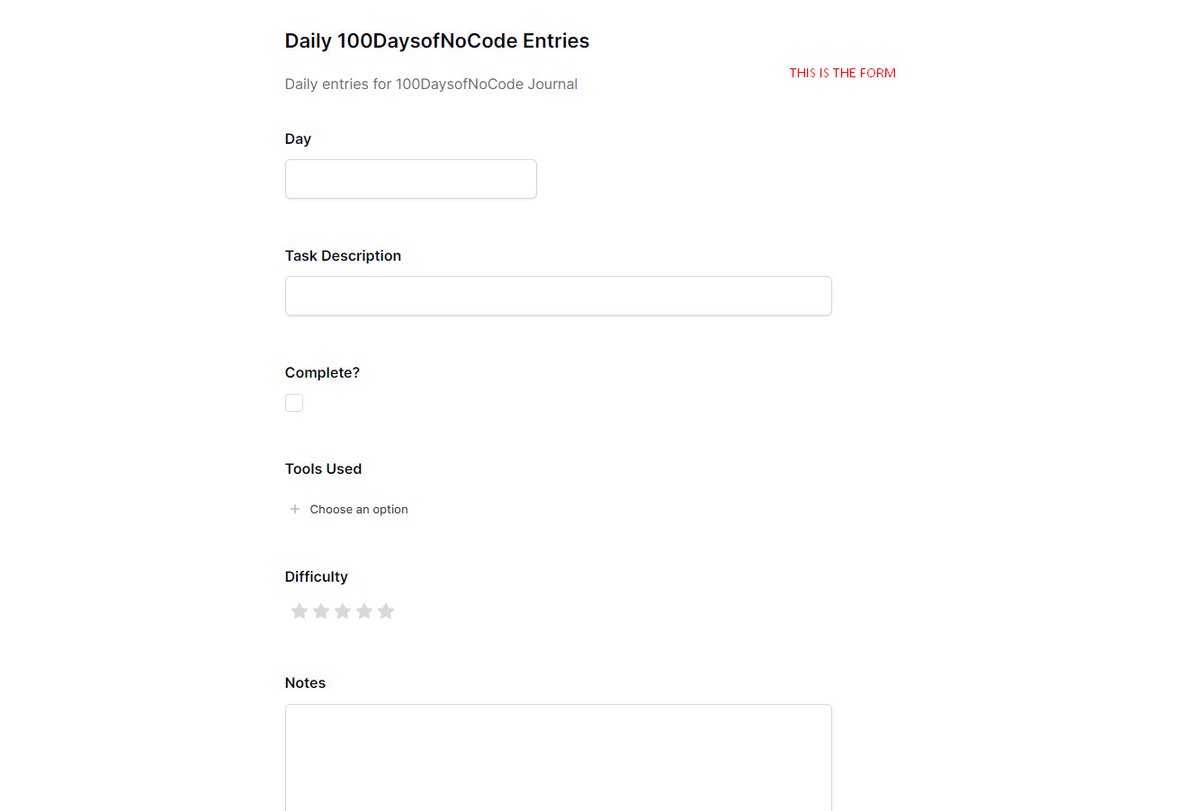 TheParthVyas's tweet photo. Day 3 of #100DaysofNoCode💯

Things are going great.
Learning a new thing everyday!

Today I built a 100DaysofNoCode journal in @baserow

- A database table
- Form to add daily entries

Here's my work👇 https://t.co/IFKqWQdSWh
