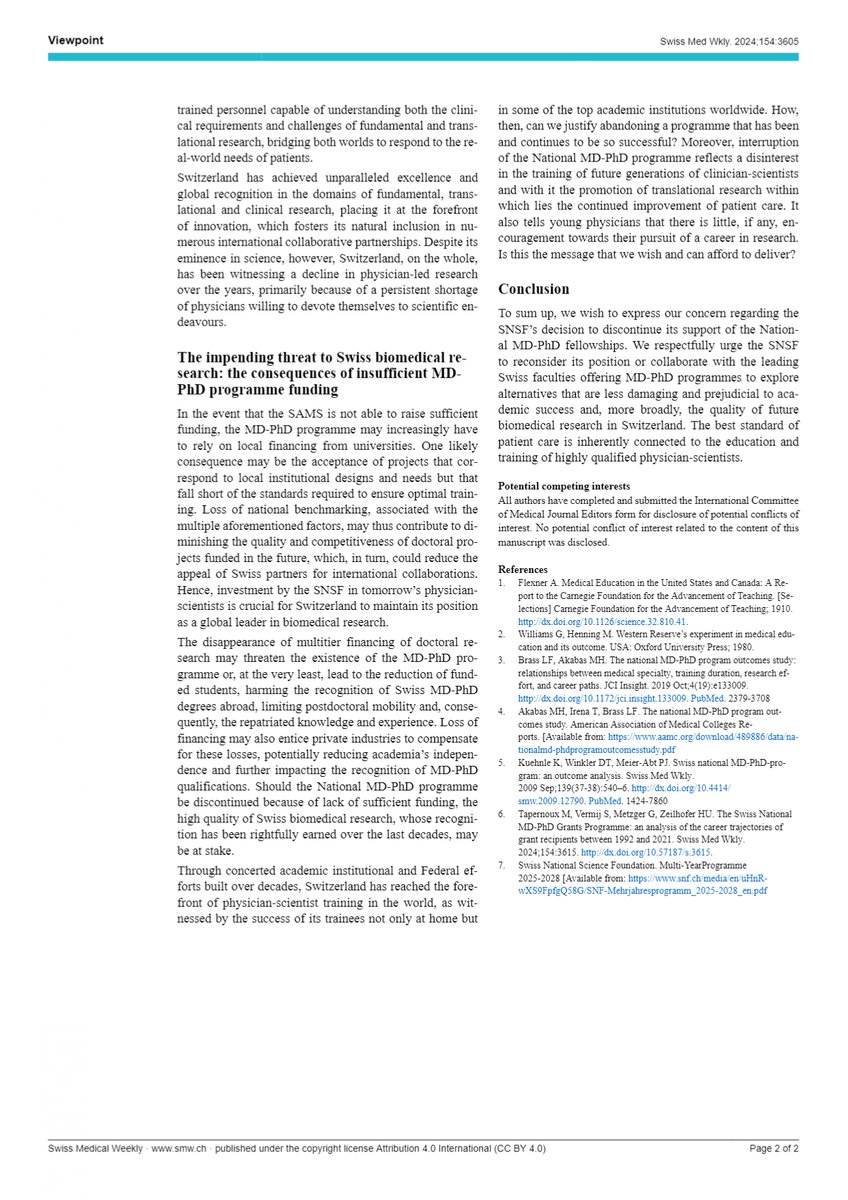Arnaud Lyon (@arn_si) on Twitter photo (1/7) Last year, the <a href="/snsf_ch/">Swiss National Science Foundation</a> announced that it will discontinue its financial support for the Swiss National MD-PhD Grants Programme as of 2025, along with other fellowships for young researchers. (1/7) Last year, the <a href="/snsf_ch/">Swiss National Science Foundation</a> announced that it will discontinue its financial support for the Swiss National MD-PhD Grants Programme as of 2025, along with other fellowships for young researchers.