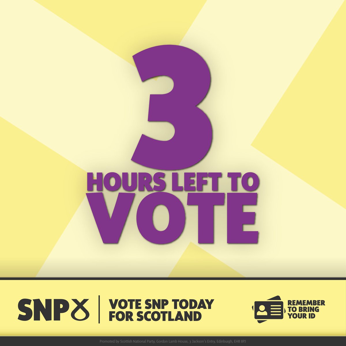 theSNP's tweet image. 🗳 There's ONLY 3 HOURS LEFT to #VoteSNP to put Scotland's interests first.

📱 Don't wake up tomorrow thinking that you could have done more - message 5 of your friends right now to remind them to vote.