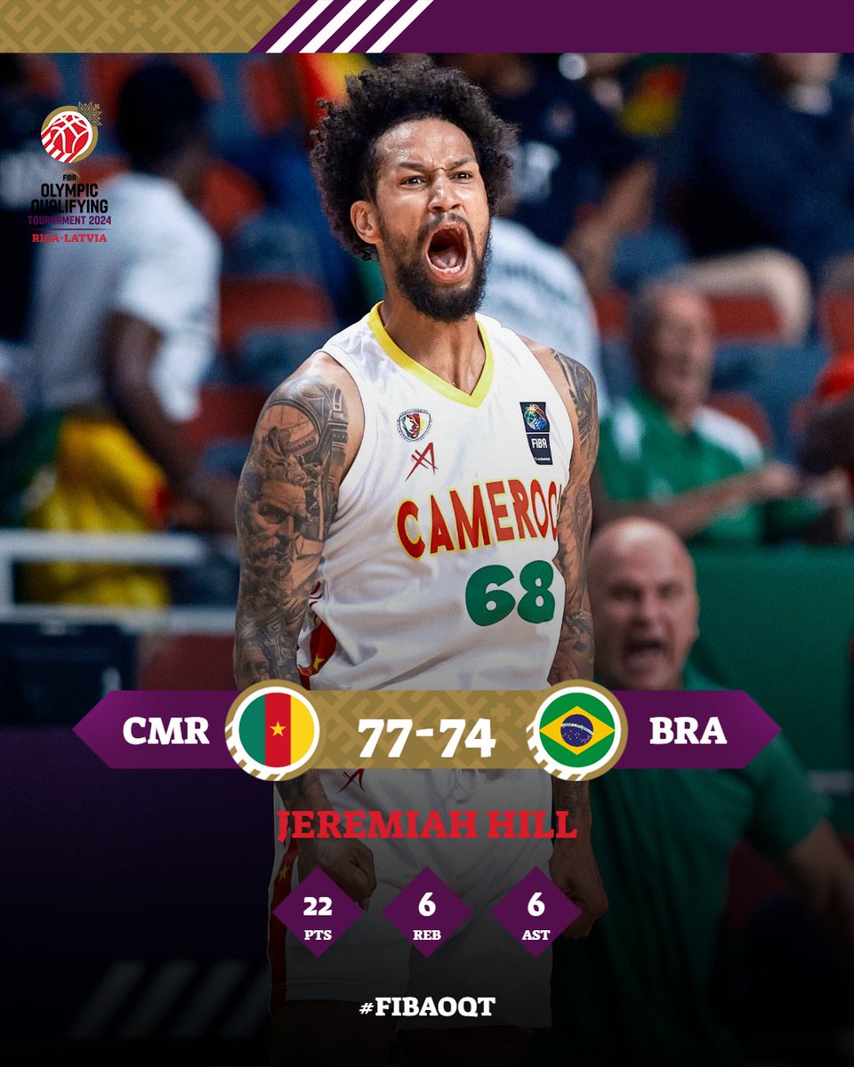 FIBA's tweet image. 🇨🇲 Cameroon cling on against Brazil as both teams land in Semi-Finals!

#FIBAOQT
