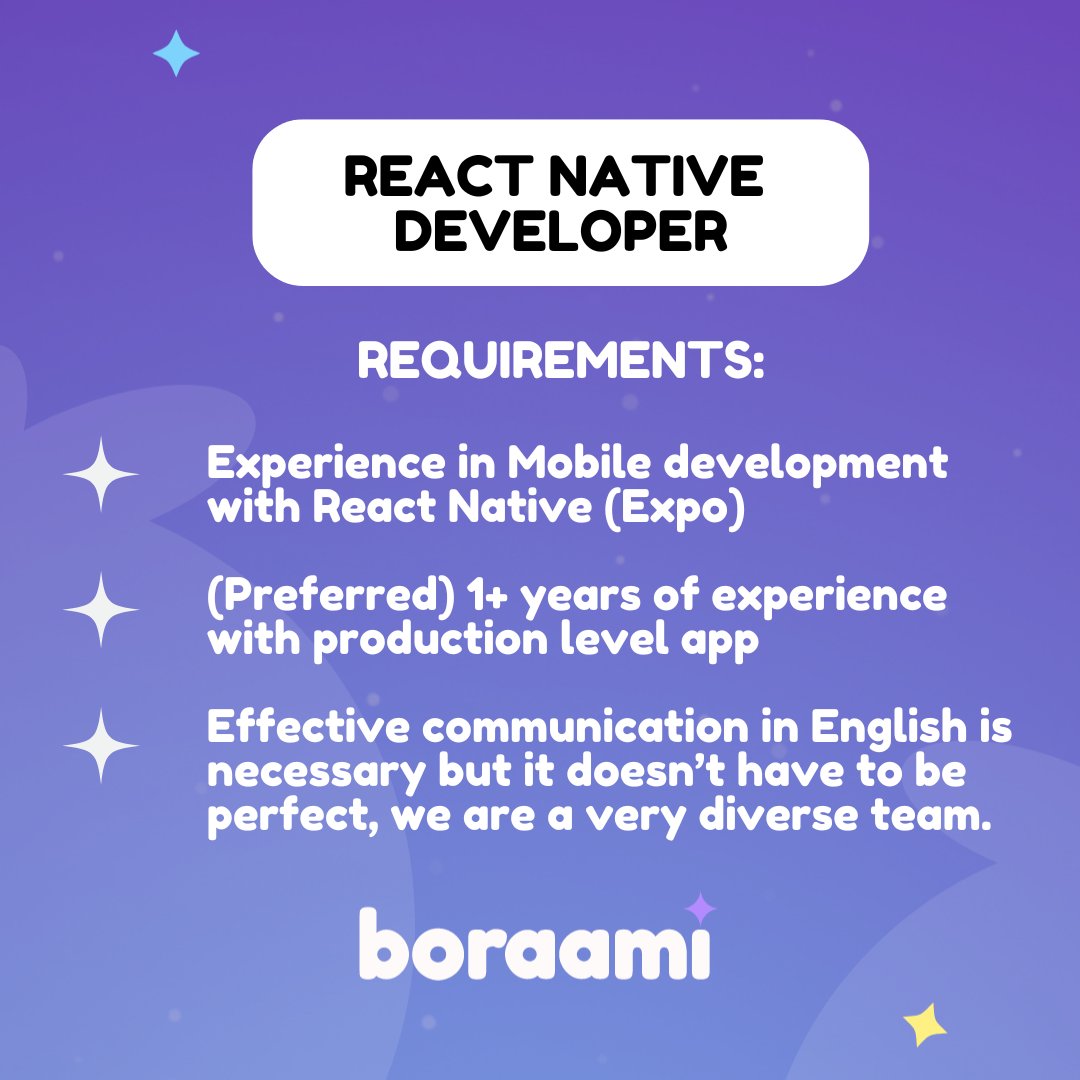 boraami_app's tweet image. 💜 Are you a React Native Dev with a passion for BTS?

Our team has been hard at work building Boraami and we are looking to expand our dev team immediately. If you're well-versed in React Native and Node JS, we would love to hear from you! 

🔗: bit.ly/4bqerFi