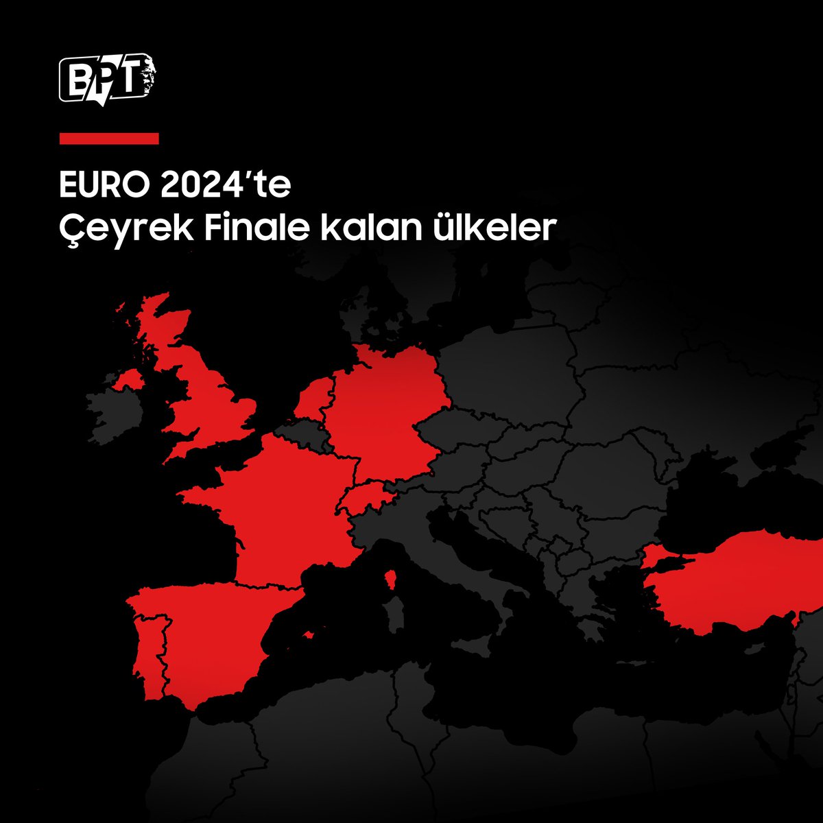 EURO 2024'te çeyrek finale kalan ülkeler.