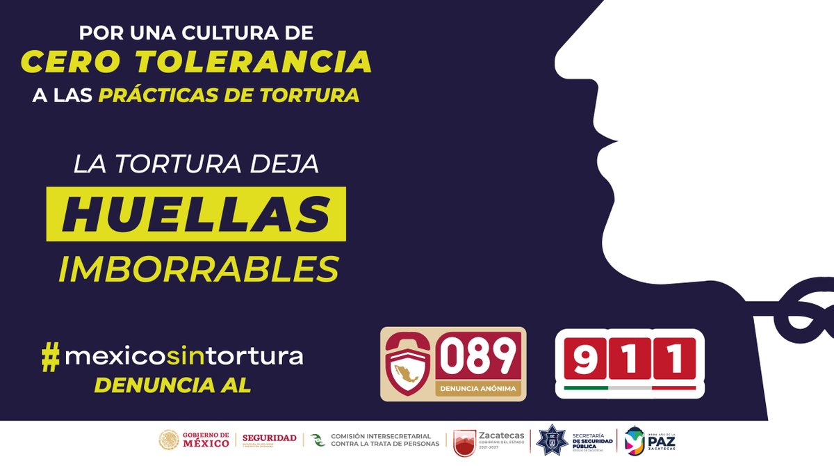 Zacatecas se une a la Estrategia Nacional Contra la Tortura.

#MéxicoSinTortura    #ElAñoDeLaPaz 🕊️ #JuntosSomosPaz

Conoce más en 👉 t.ly/0VMDC