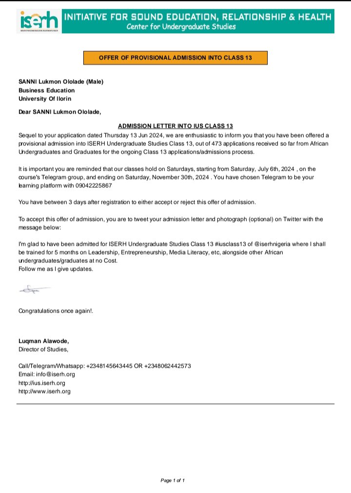 Sanni_Lolade's tweet photo. I'm glad to have been admitted for ISERH Undergraduate Studies Class 13 #iusclass13 of @iserhnigeria where I shallbe trained for 5 months on Leadership, Entrepreneurship, Media Literacy, etc, alongside other African
undergraduates/graduates at no Cost.
Follow me as I give update https://t.co/bMIfbxBkVY