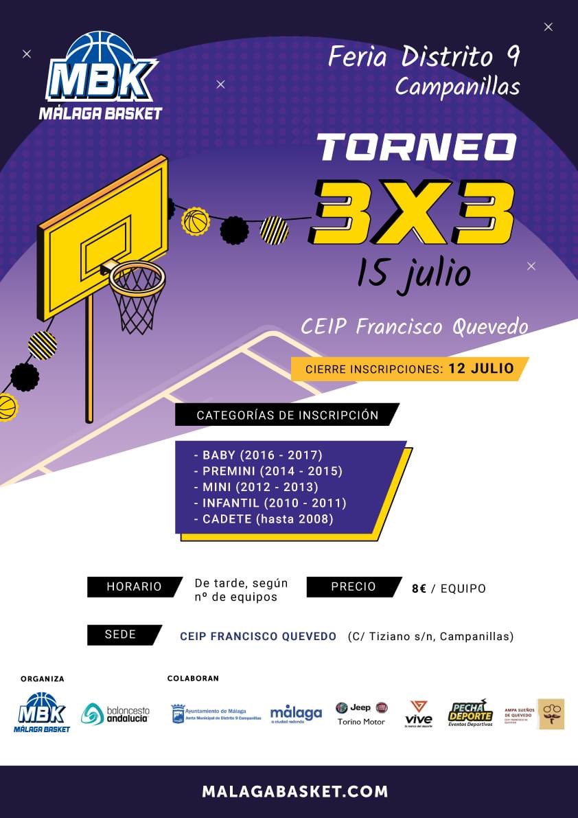¡Abierta inscripción 🏀 #Torneo3x3 Málaga Basket #Campanillas 15 julio / Edades inscripción desde 2016 hasta 2008 💰8€ / equipo❗️Fecha límite inscripción: 12 de julio ➡️ Te esperamos! Enlace inscripción: forms.gle/44znh2KqcxWPUH…

+ info: malagabasket.com/es/news/torneo… #malaga