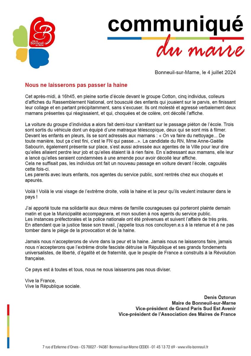 Denis_Oztorun's tweet image. 5 colleurs du RN et leur candidate Anne Gaëlle Sabourin ont bousculé des enfants qui jouaient devant une école. Ils ont molesté et agressé verbalement deux mamans présentes."On va faire du nettoyage, de toute manière c’est fini c’est le FN qui passe».
On ne se laissera pas faire.