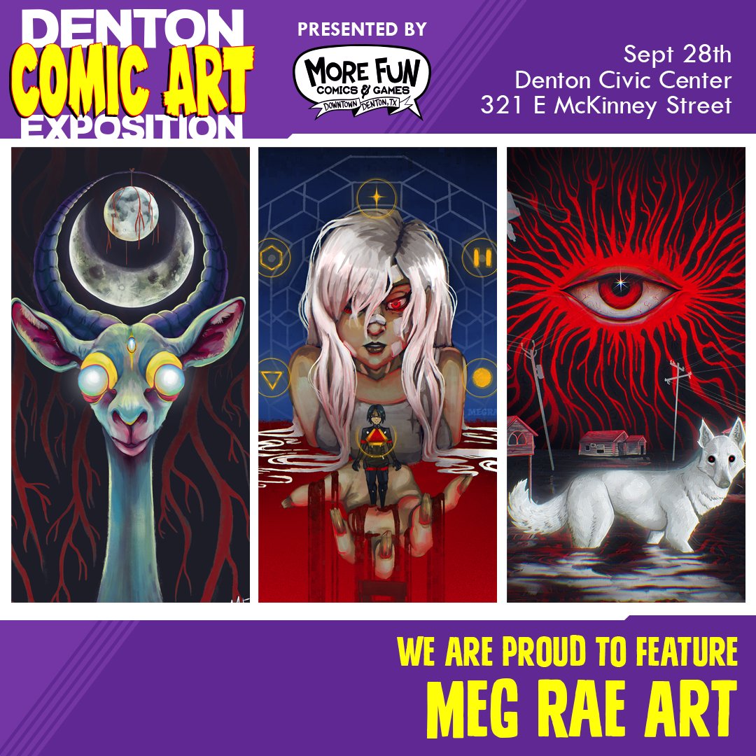 We are excited to announce returning artist Meg Rae <a href="/megraeart/">meg rae</a> at the Denton Comic Art Expo!

We can't wait to see you there! It will be on September 28, 2024, from 11 to 5 at the Denton Civic Center.

#MegRae #MegRaeArt #DCAE2024 #TexasArtist #DentonComicArtExpo #DentonTX