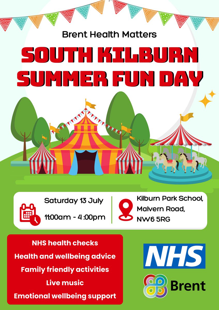 Brent Council (@brent_council) on Twitter photo Make sure to find the Brent Health Matters team at the South Kilburn Summer Fun Day!!🎉
Enjoy live music and family friendly activities🎳🎵
Get your FREE NHS health check💙
Chat to the team for emotional wellbeing support and healthy lifestyle advice😊 Make sure to find the Brent Health Matters team at the South Kilburn Summer Fun Day!!🎉
Enjoy live music and family friendly activities🎳🎵
Get your FREE NHS health check💙
Chat to the team for emotional wellbeing support and healthy lifestyle advice😊