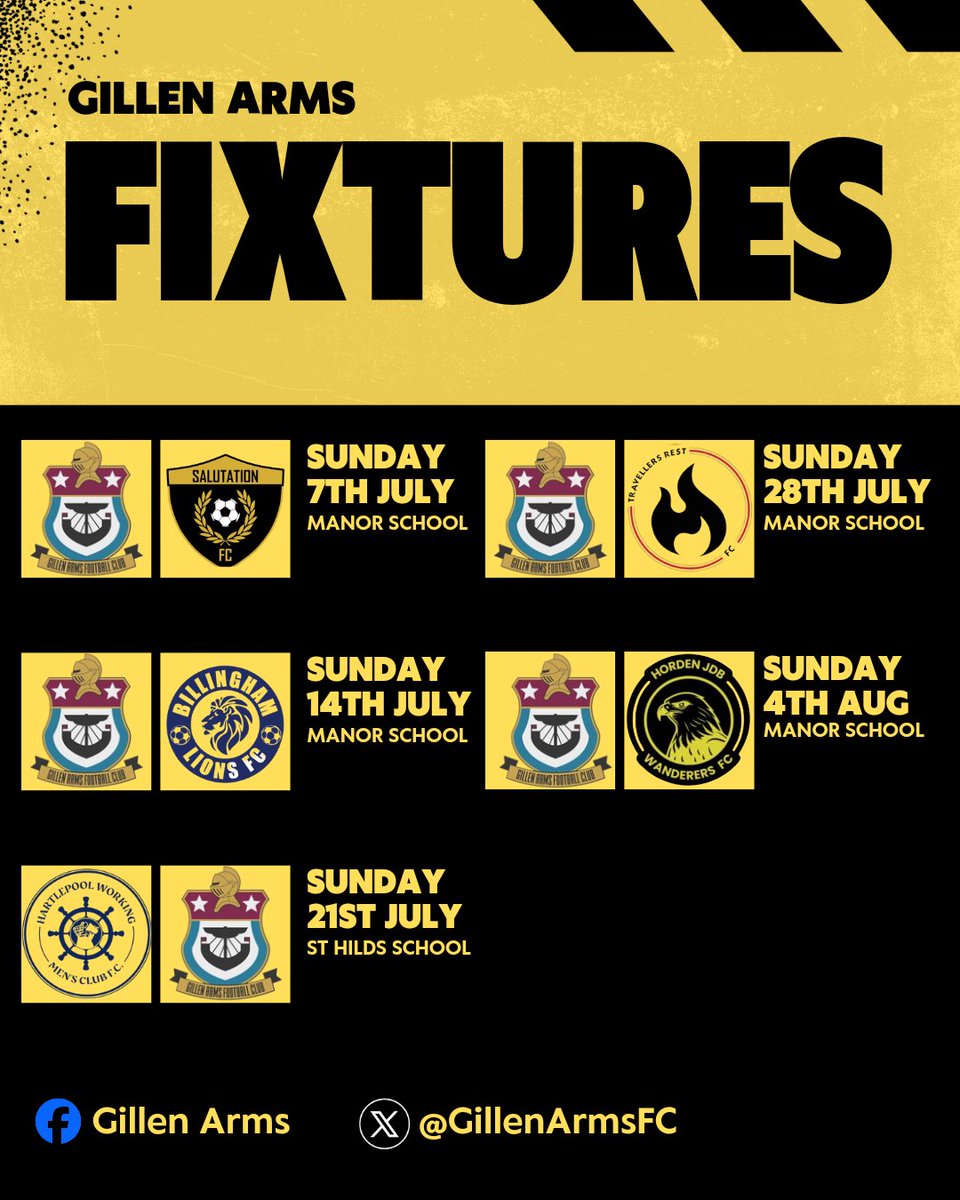 GillenArmsFC's tweet photo. We're BACK!

Pre season schedule looking good, a mixture of teams to test ourselves before the season starts.

UP THE GILLEN 🟡⚫️ https://t.co/lL46YHC1q0