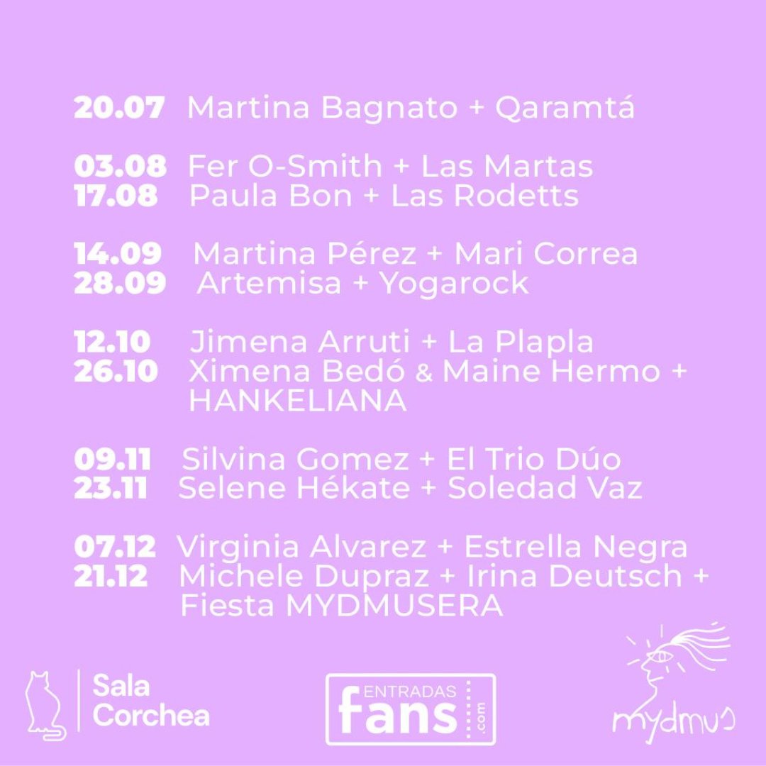 ✨ CARTELERA CICLO MYDMUS 2024 ✨

📍 Sala <a href="/CorcheaUy/">Corchea</a> - Soriano 1243

👉🏻 Con el objetivo de visibilizar el trabajo en la música de las mujeres y disidencias Sala Corchea y MYDMUS coproducen este Ciclo que se llevará a cabo a partir del 20 de julio

🎟️  entradasfans.com