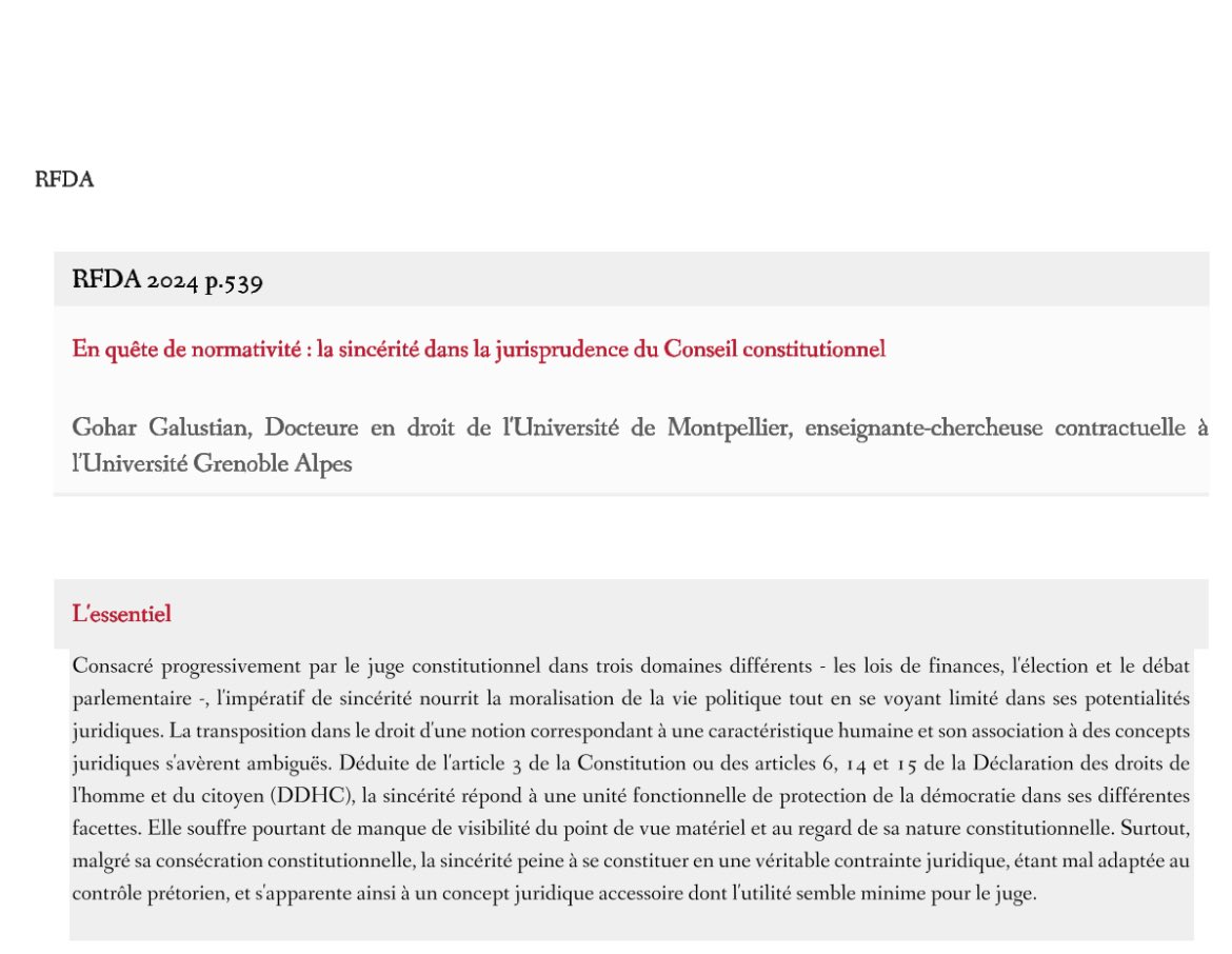 gohar4591's tweet photo. [Publication] "En quête de normativité : la sincérité dans la jurisprudence du Conseil constitutionnel", RFDA 2024 p.539. https://t.co/SZR6nEIbBB
