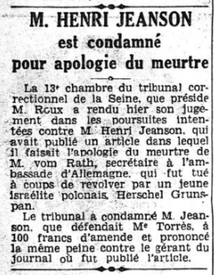 arkaillon's tweet photo. Terriblement d'actualité : l'ambassadeur nazi Ernst von Rath se fait assassiner par un juif en France - ce meurtre sera un des déclencheurs de la Nuit de Cristal.

Du coup en France on condamne Henri Jeanson, pacifiste, journaliste au Canard Enchainé, tout ça, pour apologie 🙂 https://t.co/7OjvGUpQyt