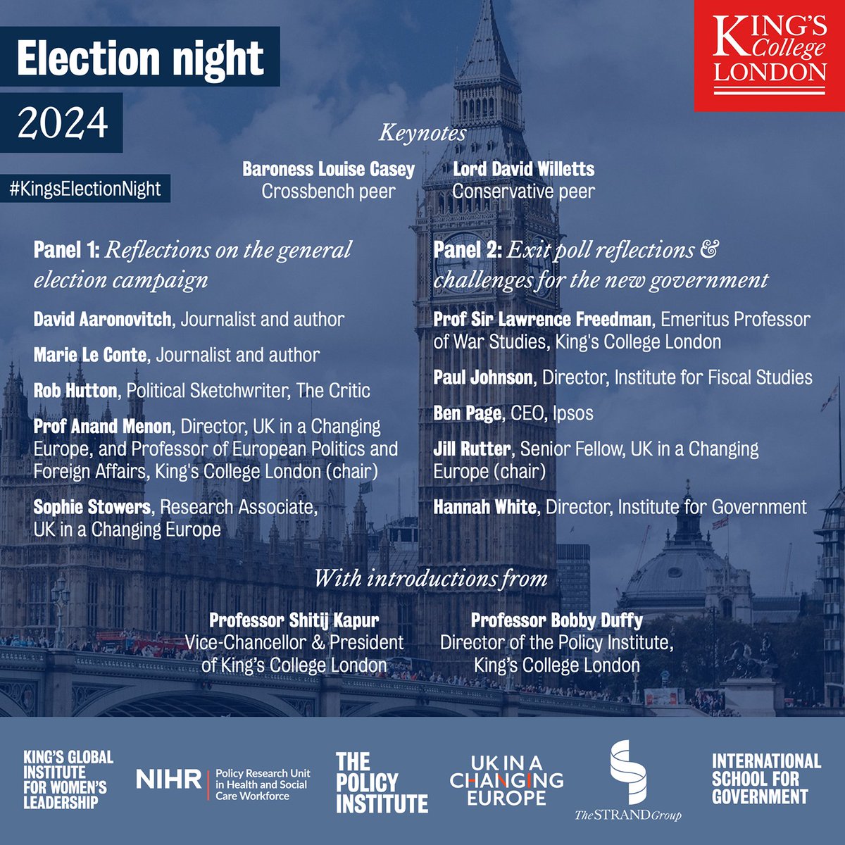 🚨 STARTING NOW 🚨

Watch along online as we kick off our evening of general election analysis and discussion with <a href="/UKandEU/">UK in a Changing Europe</a>, <a href="/hscwru/">HSCWRU</a>, <a href="/GIWLkings/">King's Global Institute for Women's Leadership</a>, @kcl_isfg &amp; <a href="/thestrandgroup/">The Strand Group</a>    

Watch the livestream ➡️ youtube.com/watch?v=amMnnh…

And follow here for updates ⬇️🧵
#KingsElectionNight