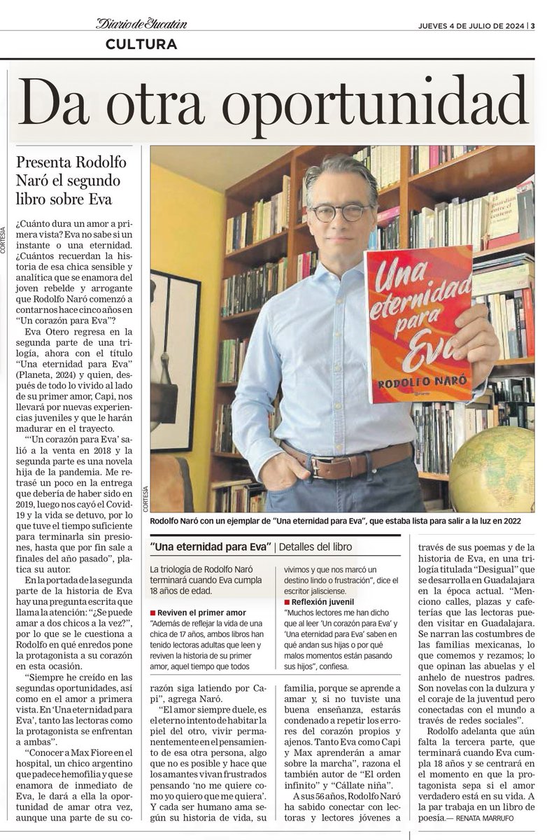 ¿Cuánto dura un amor a primera vista? Eva está en el dilema de que no sabe si un instante o toda una eternidad. 
Comparto la entrevista completa al autor de “Una eternidad para Eva”, <a href="/RNaro/">Rodolfo Naró</a> , de <a href="/PlanetaLibrosMx/">Planeta de Libros México</a>, en el <a href="/DiariodeYucatan/">Diario de Yucatán</a>: yucatan.com.mx/imagen/2024/07…