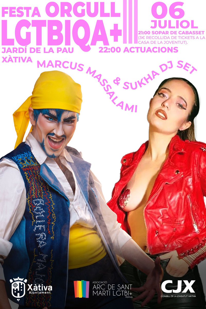 🎶Festa Orgull LGTBIQ+ #Xàtiva 2024

🗓️Dissabte 6 de juliol

⛲️Jardí de la Pau de Xàtiva

🆓Gratuïta i oberta a tota la ciutadania

🕙22.00 h Marcus Massalami

🕦23.30 h Sukha DJ Set

▶️Barra de consumicions a preus populars

🔈No pots faltar!

✅T’esperem!

#OrgullXàtiva2024
