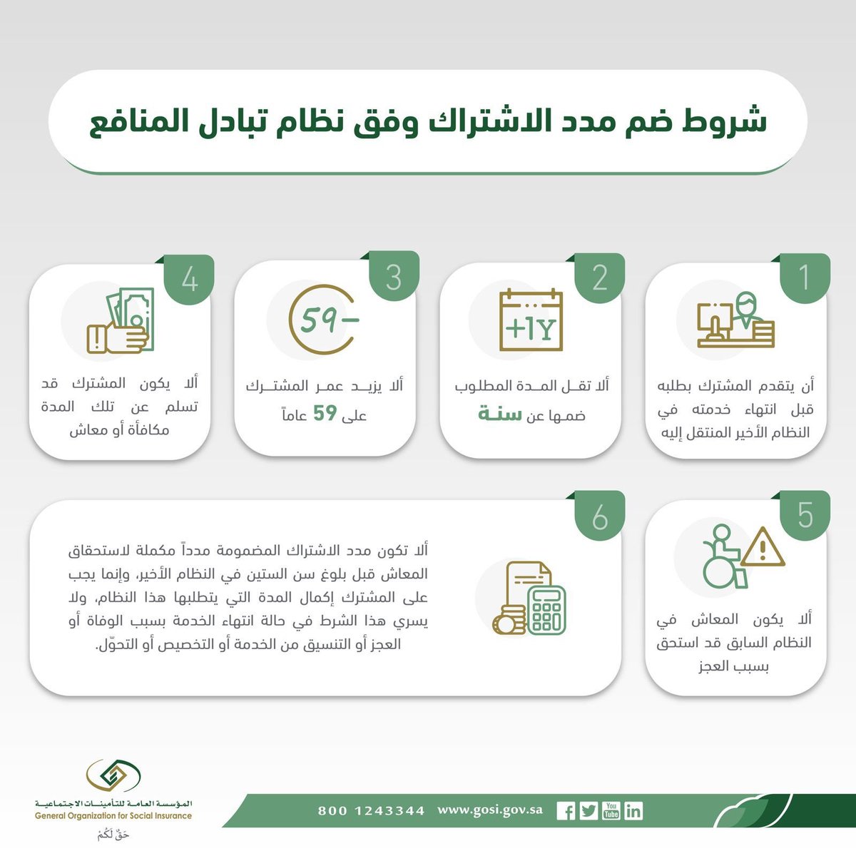 StandPoint223's tweet photo. من لديه مدد إشتراك (خدمة سابقة) في #التأمينات_الاجتماعية وخدمة حالية على نظام #التقاعد_المدني أو العكس عليه معرفة أمور جدًا مهمة ومنها:

1. لا يمكن الإستفادة من ضم الخدمتين لغرض (التقاعد المبكر)، بل تُفيده بعد التقاعد لتحسين وصرف (المعاش التقاعدي).
لذا إن رغب في التقاعد المبكر عليه أن يُكمل المدة المطلوبة للتقاعد المبكر بغض النظر عن مدة خدمته في (النظام السابق).

2. لا يمكن ضم الخدمة السابقة إذا كانت أقل من سنة.

3. لا يمكن أن يضم الخدمة السابقة إذا تسلم حقوقه منها (مكافأة أو معاش).

4. ألّا يزيد عمر الموظف عن 59 عامًا عند طلب ضم الخدمات.

5. ألّا يكون المعاش في النظام السابق استُحِق بسبب (العجز).

6. يجب على الموظف طلب مدد اشتراكه في خدمته السابقة إلى مدد إشتراكه الحالية (وظيفته الحالية) قبل ((إنتهاء خدمته في النظام الأخير)) أي وظيفته الحالية على النظام الحالي.

•• إذًا ماهي شروط الضم ليستفيد منها بفترته الحالية قبل سن التقاعد؟

1. إذا صدر قرار بالتحوّل أو التخصيص، بإمكانه الإستفادة من ضم الخدمتين لغرض (التقاعد المبكر).

2. إذا كان إنتهاء الخدمة بسبب (الوفاة) أو (العجز) أو التنسيق من الخدمة.

#نظام_التأمينات_الجديد 
#نظام_التأمينات