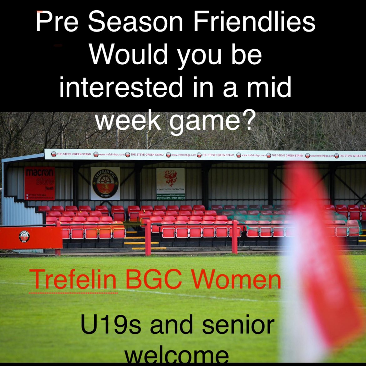 Trefelin BGC Senior Women are looking for mid week pre season friendlies 
Tuesday or Thursday up until the season starts 
Please drop us a message if you are interested 
South and west wales leagues and open for U19s
