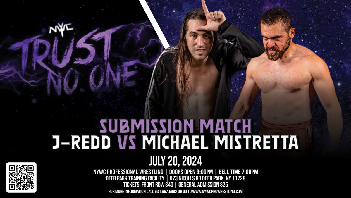.<a href="/nobodysbetta/">Michael Mistretta</a> did not appreciate being chased out of the building by <a href="/J_REDD_/">J-ReDD</a> with a foriegn object in May (even though Mistretta went for it first)

Mistretta has demanded that this time the match is a Submission Match. J-Redd accepts!

🎟: nywcprowrestling.com