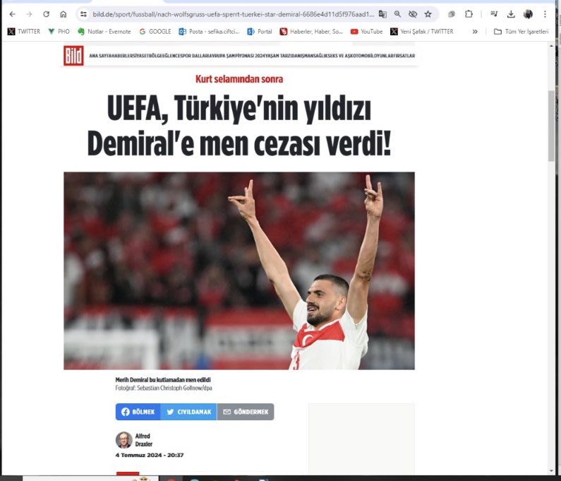 Alman Bild Gazetesi Merih Demiral’e ceza verilmesi için ortalığı karıştırıyor…

Henüz savunmasını bile vermemiş Merih’in 2 maç ceza aldığını iddia ettiler…

Savunma yarın sabah UEFA’ya verilecek…Cezayı nasıl öğrendiniz!!!