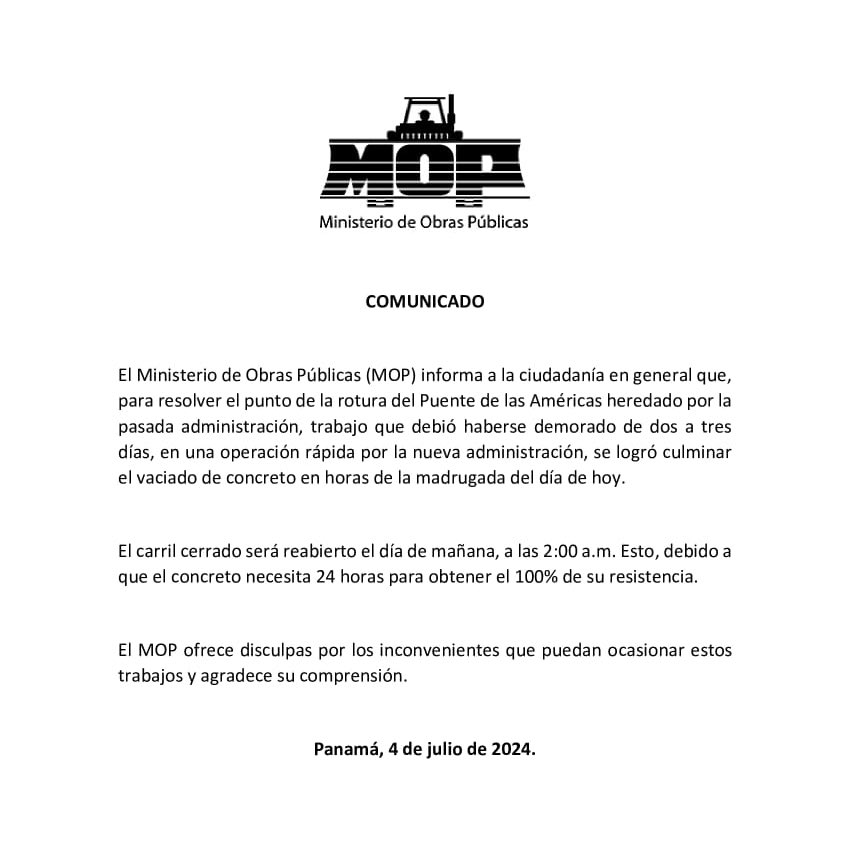 MOPPma's tweet photo. El Ministerio de Obras Públicas (MOP) informa que, para resolver el punto de la rotura del Puente de Las Américas heredado por la pasada administración, https://t.co/AF8KJOV2rk