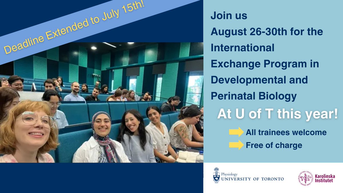 DEADLINE EXTENDED! Our exchange program between the University of Toronto and Sweden's Karolinska Institutet in Developmental and Perinatal Biology happens in Toronto this August 26-30th. Open to all <a href="/UofT/">University of Toronto</a> trainees &amp; free! Click to apply by July 15th: shorturl.at/FQCWy