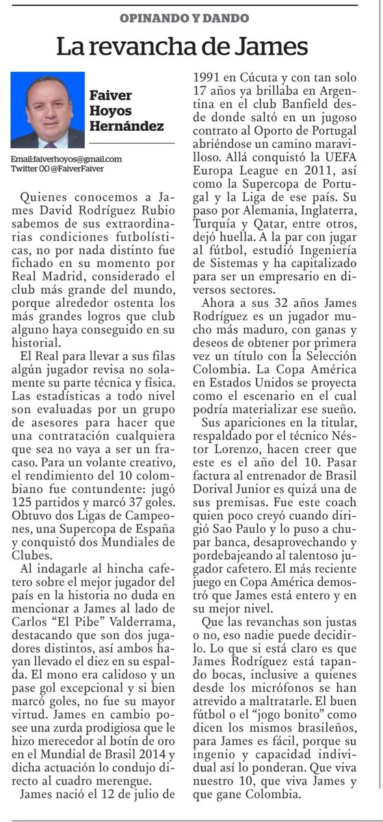 Les invito a LEER mi columna en <a href="/diariodelhuila/">Diario del Huila</a> #JamesGrande <a href="/jamesdrodriguez/">James Rodríguez</a>