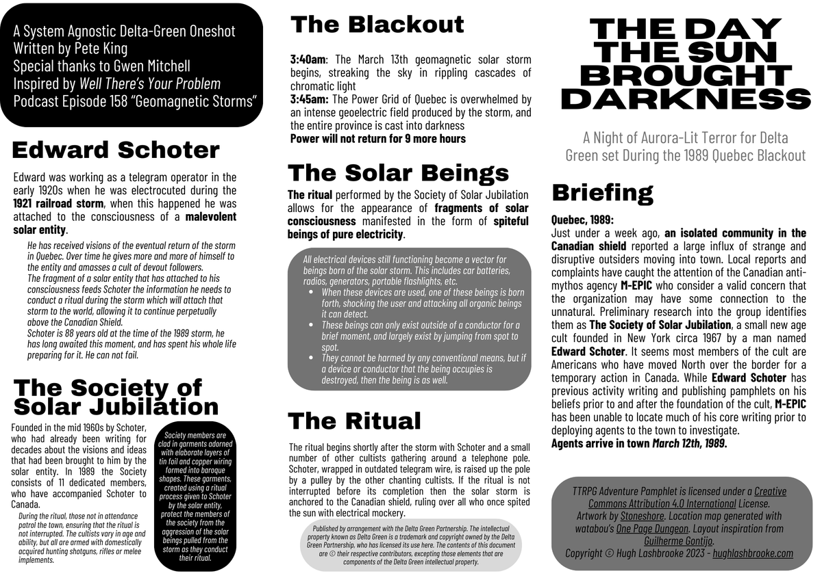 trashedtabletop's tweet photo. New jam submission: The Day the Sun Brought Darkness by loadbearingsnitch. A one-page adventure for #deltagreen. 

M-EPIC, Canada's paranormal investigation division, is sent to the Canadian Shield to deal with a new cult and an untimely power blackout.  

Check it out below. https://t.co/s9hbUtagrr