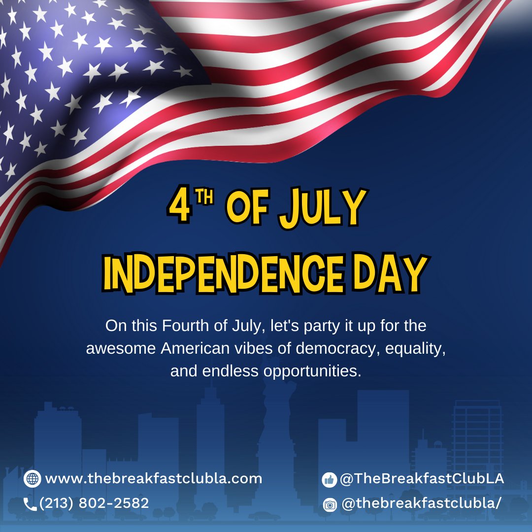 Happy Independence Day! 🇺🇸 Wishing you a day filled with joy, celebration, and lots of delicious eats!
🍽️thebreakfastclubla.com
📍1600 Vine St. Hollywood, CA
📞(213) 802-2582

Facebook: @TheBreakfastClubLA
Instagram:@thebreakfastclubla