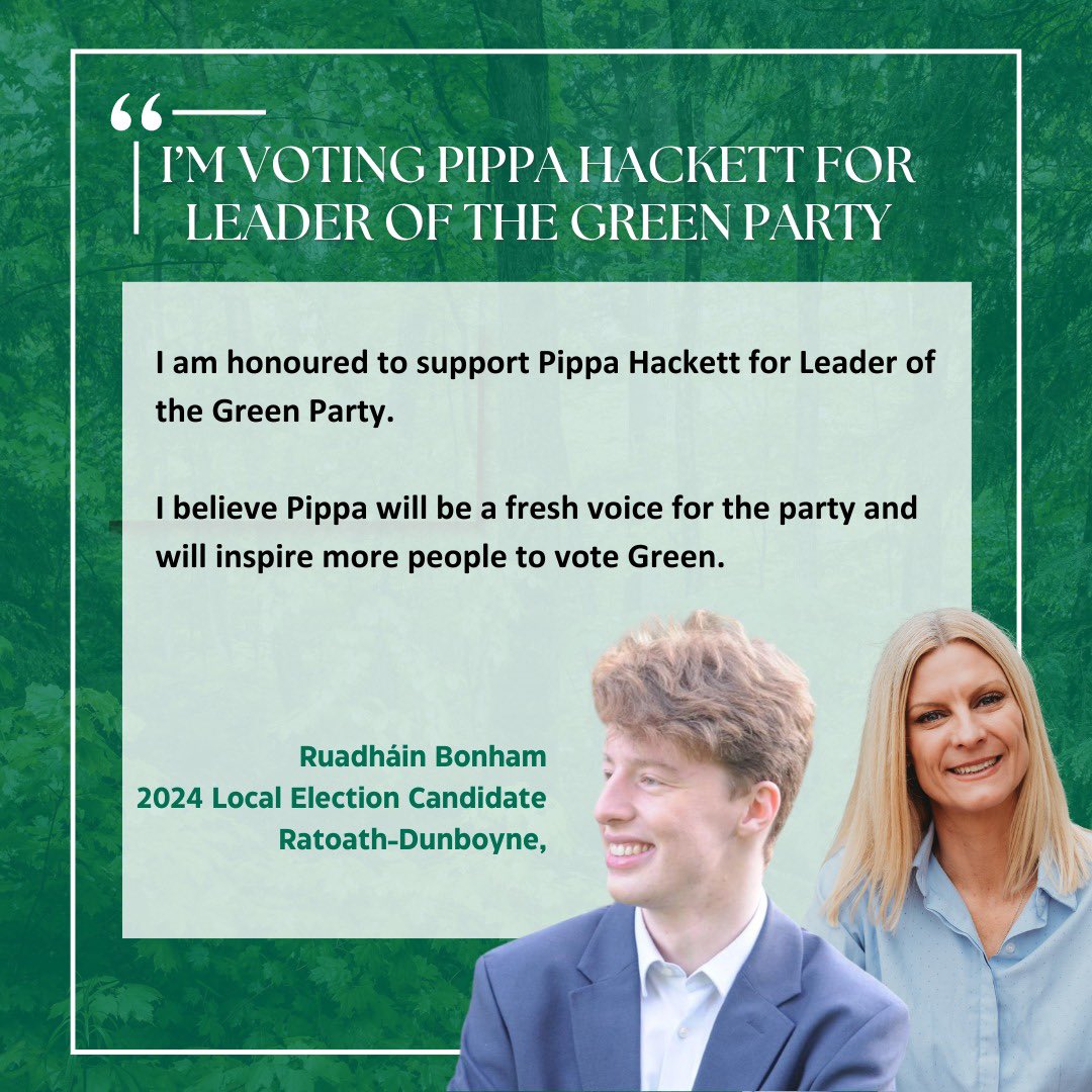 Pippa Hackett (@pippa_hackett) on Twitter photo <a href="/paulinegalway/">Senator Pauline O'Reilly</a> <a href="/stevensgreen1/">Steven Matthews</a> <a href="/DollardMaria/">Cllr Maria Dollard</a> @pearseanseo <a href="/iva_pocock/">Iva Pocock</a> <a href="/lbcilldara/">Lorraine Benson @lbcilldara.bsky.social</a> <a href="/annwalshgreen/">Ann Walsh</a> It is brilliant, also, to have the support of the future focused Young Greens in our party.
<a href="/RuadhainB/">RuadhainBonham🇮🇪🇪🇺🇺🇦♻️</a> is energetic with an environmentally conscious voice. He ran a fantastic campaign in the Local Elections prioritising Housing, Transport, and protection of the environment. <a href="/paulinegalway/">Senator Pauline O'Reilly</a> <a href="/stevensgreen1/">Steven Matthews</a> <a href="/DollardMaria/">Cllr Maria Dollard</a> @pearseanseo <a href="/iva_pocock/">Iva Pocock</a> <a href="/lbcilldara/">Lorraine Benson @lbcilldara.bsky.social</a> <a href="/annwalshgreen/">Ann Walsh</a> It is brilliant, also, to have the support of the future focused Young Greens in our party.
<a href="/RuadhainB/">RuadhainBonham🇮🇪🇪🇺🇺🇦♻️</a> is energetic with an environmentally conscious voice. He ran a fantastic campaign in the Local Elections prioritising Housing, Transport, and protection of the environment.