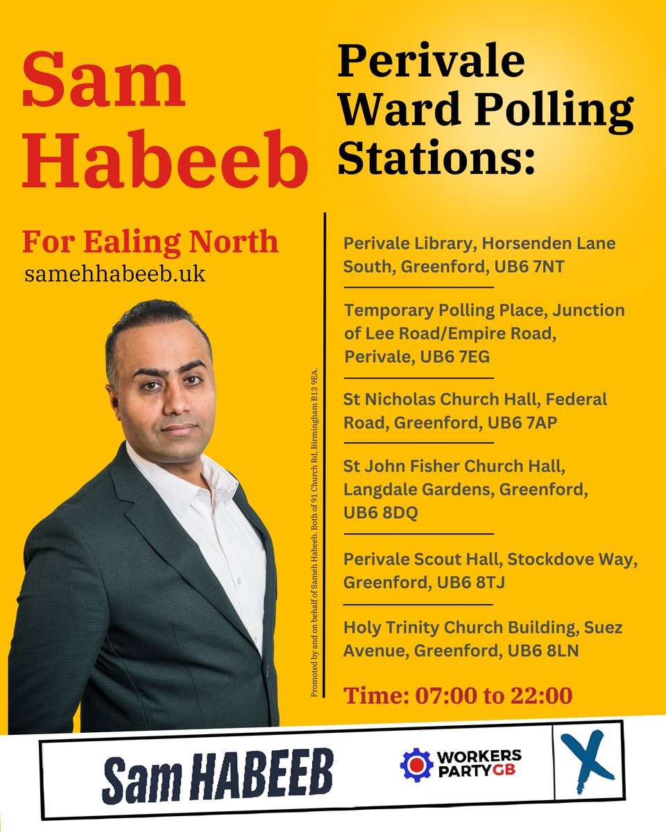 Workers Party - Ealing (@wpb_ealing) on Twitter photo Eyes on the prize! With 2 hours to go, victory is within reach. But we need YOUR vote to secure it. Be the change you want to see - vote today!
#Northolt #Broadway #SamHabeeb #WorkersPartyGB #samHabeeb4EaljingNorth
<a href="/Samehahabeeb/">Sameh Habeeb</a> <a href="/WorkersPartyGB/">Workers Party of Britain</a> <a href="/georgegalloway/">George Galloway</a> Eyes on the prize! With 2 hours to go, victory is within reach. But we need YOUR vote to secure it. Be the change you want to see - vote today!
#Northolt #Broadway #SamHabeeb #WorkersPartyGB #samHabeeb4EaljingNorth
<a href="/Samehahabeeb/">Sameh Habeeb</a> <a href="/WorkersPartyGB/">Workers Party of Britain</a> <a href="/georgegalloway/">George Galloway</a>