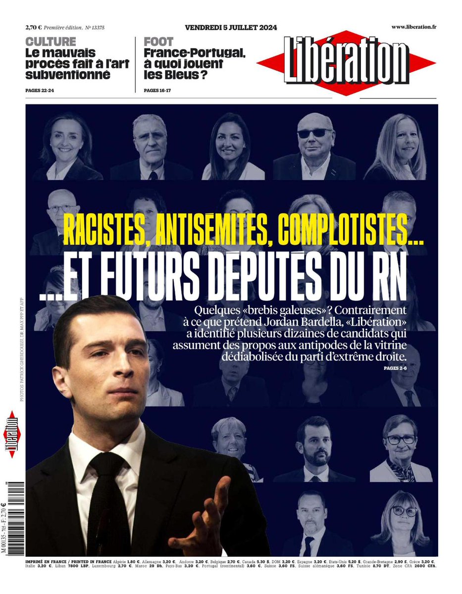 🔴 Racistes, antisémites, complotistes... et futurs députés du #RN

C'est la une de @Libe ce vendredi. 

#Législatives2024