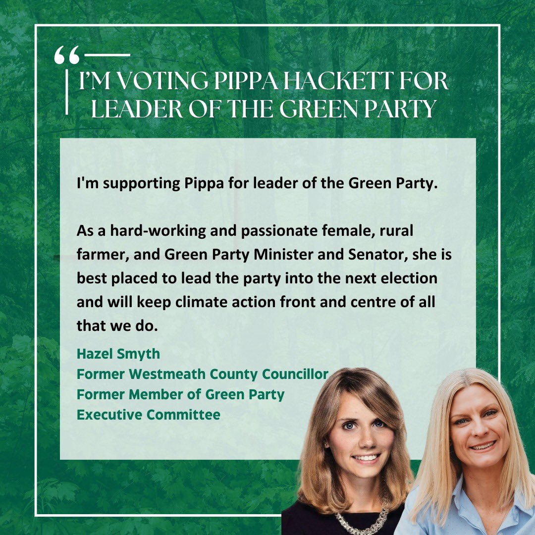 Pippa Hackett (@pippa_hackett) on Twitter photo <a href="/paulinegalway/">Senator Pauline O'Reilly</a> <a href="/stevensgreen1/">Steven Matthews</a> <a href="/DollardMaria/">Cllr Maria Dollard</a> @pearseanseo <a href="/iva_pocock/">Iva Pocock</a> <a href="/lbcilldara/">Lorraine Benson @lbcilldara.bsky.social</a> <a href="/annwalshgreen/">Ann Walsh</a> <a href="/RuadhainB/">RuadhainBonham🇮🇪🇪🇺🇺🇦♻️</a> <a href="/CatherineEmh/">Catherine Joseph</a> Over the last 5 years as a Councillor in Mullingar, Hazel introduced Green and practical measures and was always a voice for nature. I'm running for leader because <a href="/HazelSmyth2019/">Hazel Smyth</a>, and the many candidates of her caliber should not have lost their seat. #VotePippa <a href="/paulinegalway/">Senator Pauline O'Reilly</a> <a href="/stevensgreen1/">Steven Matthews</a> <a href="/DollardMaria/">Cllr Maria Dollard</a> @pearseanseo <a href="/iva_pocock/">Iva Pocock</a> <a href="/lbcilldara/">Lorraine Benson @lbcilldara.bsky.social</a> <a href="/annwalshgreen/">Ann Walsh</a> <a href="/RuadhainB/">RuadhainBonham🇮🇪🇪🇺🇺🇦♻️</a> <a href="/CatherineEmh/">Catherine Joseph</a> Over the last 5 years as a Councillor in Mullingar, Hazel introduced Green and practical measures and was always a voice for nature. I'm running for leader because <a href="/HazelSmyth2019/">Hazel Smyth</a>, and the many candidates of her caliber should not have lost their seat. #VotePippa