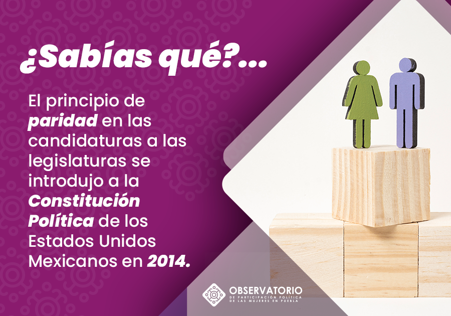 ¿Sabías qué?  🤔

El principio de paridad en las candidaturas a las legislaturas se introdujo a la Constitución Política de los Estados Unidos Mexicanos en 2014.
