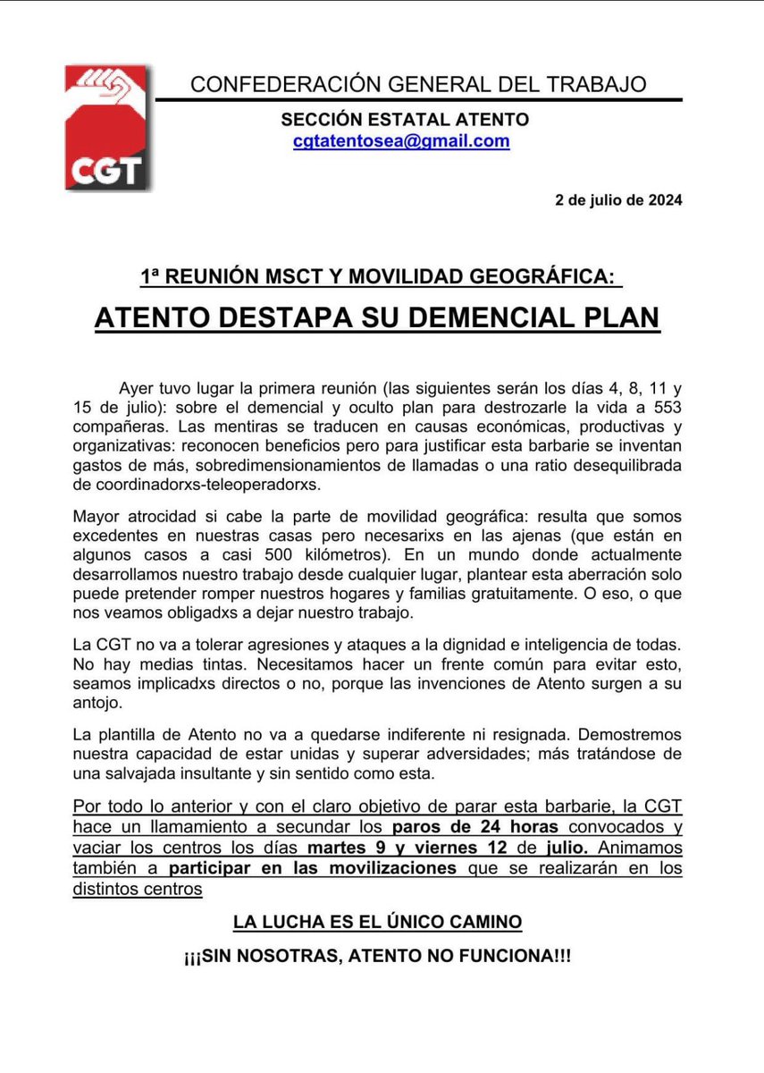 cgt_atento's tweet photo. 🔴⚫CON MOTIVO DE LA HUELGA CONVOCADA POR CGT🔴⚫

📣 📣 Los días 9 y 12 de julio, nos concentraremos frente a las puertas de Atento (edif salía pctcan) Santander.

Martes 9 de julio de 19:00-20:00H.
Viernes 12 de julio de 11:00-12:00H.

La lucha es el único camino!! https://t.co/yl9k0XZGUn