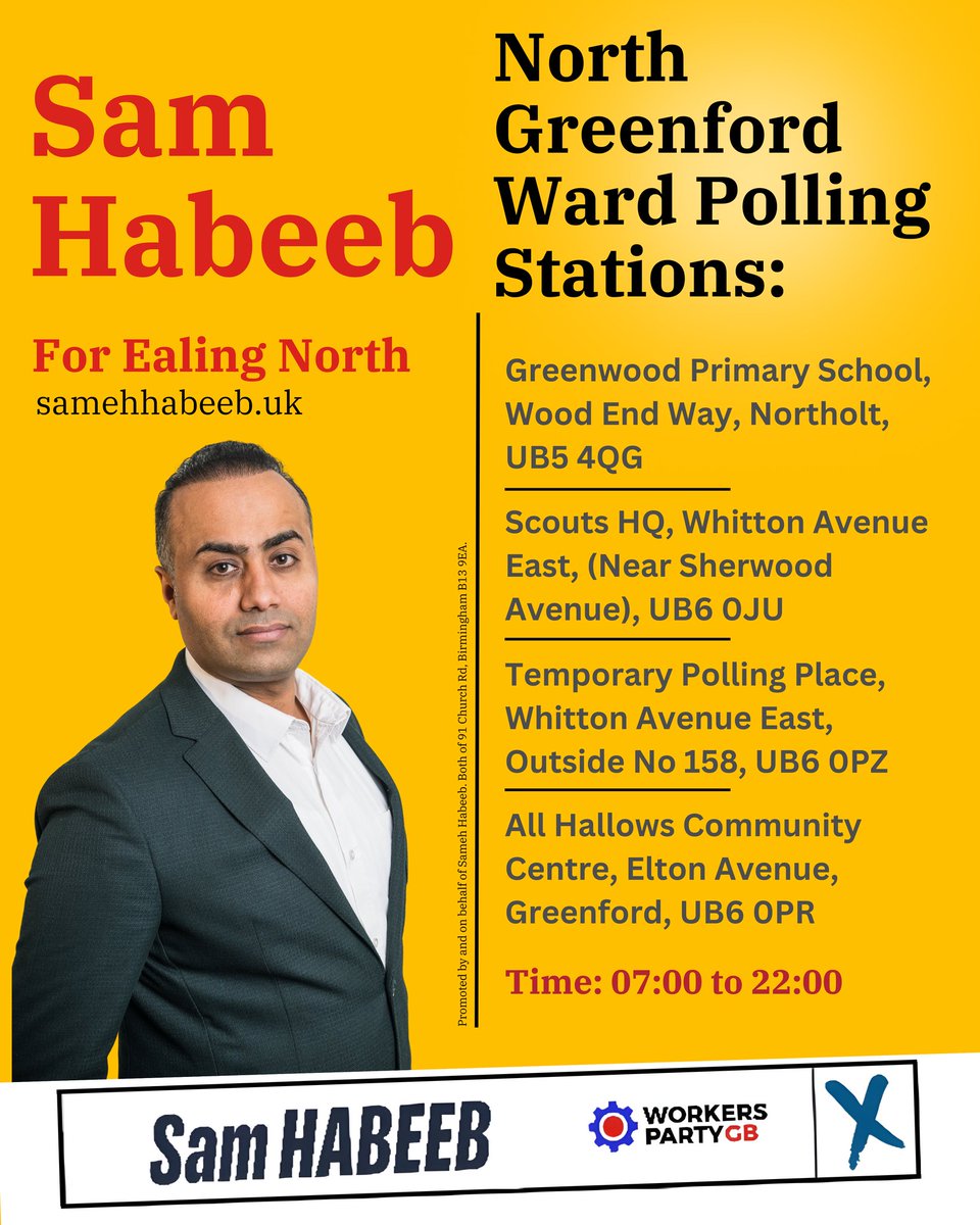 Workers Party - Ealing (@wpb_ealing) on Twitter photo Launch into action! Only 2 hours left to rocket your vote to the ballot box. Your voice is the fuel that powers democracy. Don't miss liftoff! #Northolt #Broadway #SamHabeeb #WorkersPartyGB #samHabeeb4EaljingNorth
<a href="/Samehahabeeb/">Sameh Habeeb</a> <a href="/WorkersPartyGB/">Workers Party of Britain</a> <a href="/georgegalloway/">George Galloway</a> Launch into action! Only 2 hours left to rocket your vote to the ballot box. Your voice is the fuel that powers democracy. Don't miss liftoff! #Northolt #Broadway #SamHabeeb #WorkersPartyGB #samHabeeb4EaljingNorth
<a href="/Samehahabeeb/">Sameh Habeeb</a> <a href="/WorkersPartyGB/">Workers Party of Britain</a> <a href="/georgegalloway/">George Galloway</a>