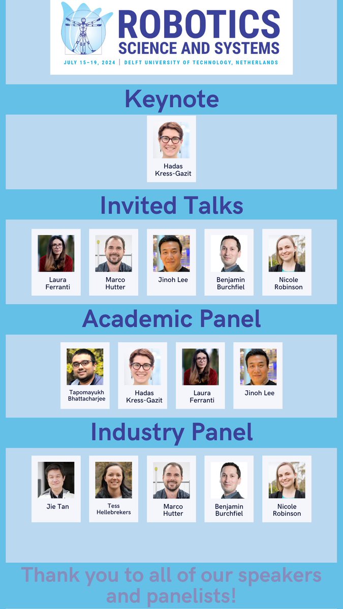 RSSPioneers's tweet photo. We are thrilled to announce our line-up of speakers and panelists for the #RSSPioneers2024 workshop!

We will feature one keynote, five invited talks, as well as two panels: an academic panel and an industry panel. Read more here: https://t.co/KQGmkzoi4N

More in 🧵 https://t.co/Mhpnlq5TXC
