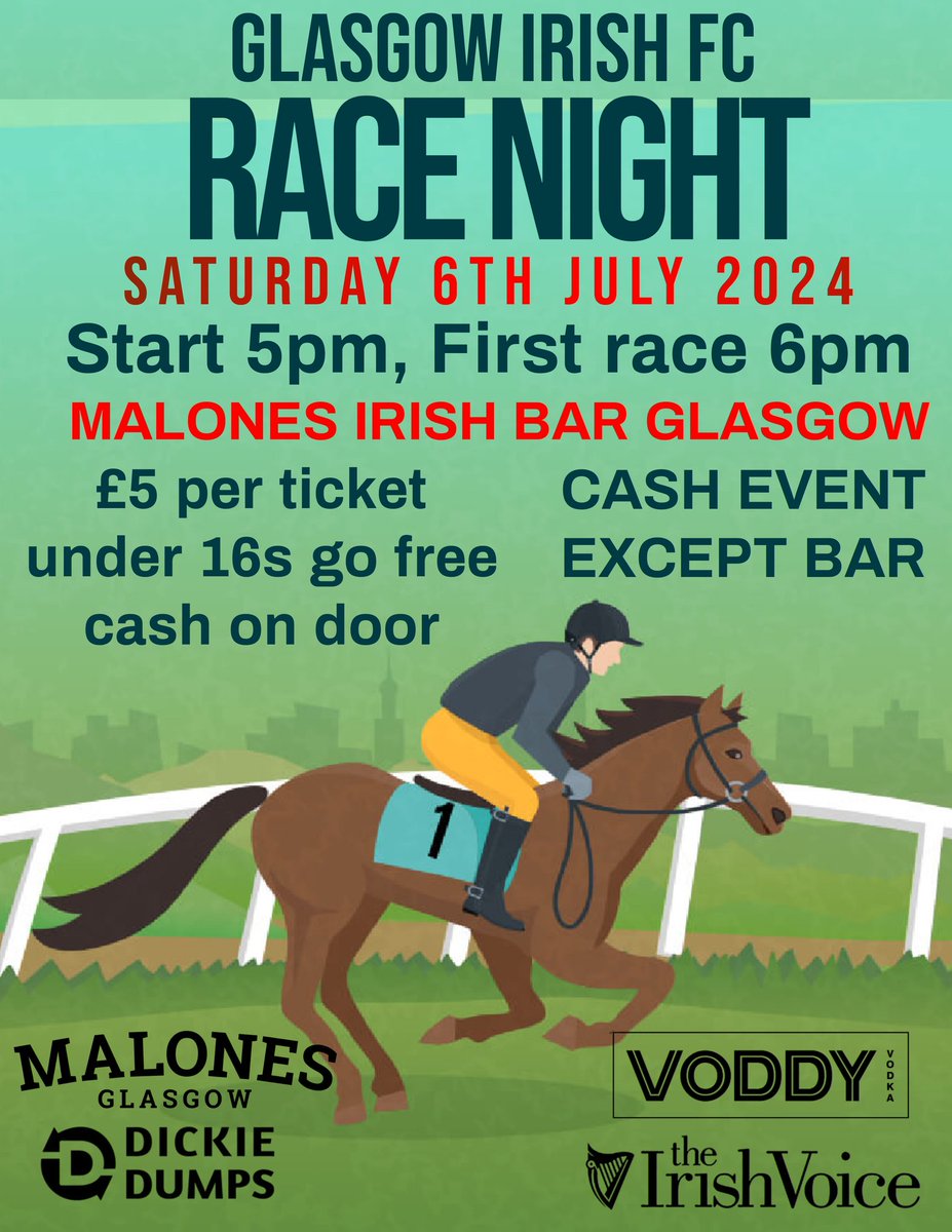 Saturday 6th july 2024
Malones Irish Bar Glasgow
Sauchiehall Lane

£5 a ticket on the door

Bring the family for a great night of laughter, gambling, and cheering

Hope to see yous all there

🇮🇪🍀 MON THE IRISH 🍀🇮🇪

<a href="/MalonesGlasgow/">Malones Glasgow</a> <a href="/TheIrishVoiceUK/">The Irish Voice</a> @dickiedumps <a href="/Voddy/">Voddy</a>
