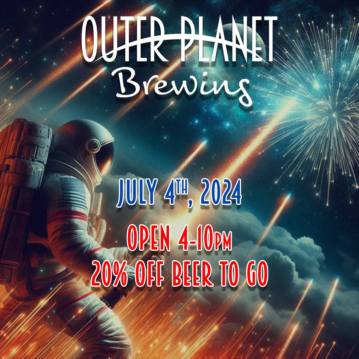 We're open regular hours today 4-10pm! Take 20% all beer to go (cans, crowlers, growler fills) all day to bring to your fireworks party 🍺 🎉 🎆