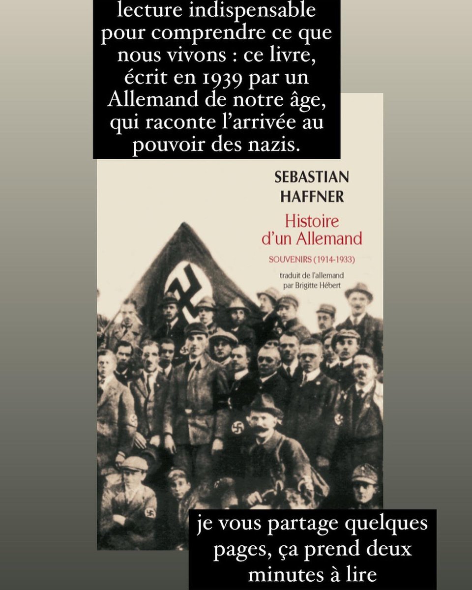 malopedia's tweet image. On m'a envoyé ça sur instagram. Des extraits du livre Histoire d'un Allemand, un livre écrit par un Allemand qui avait 32 ans en 1939 et qui raconte l'arrivée au pouvoir des nazis : tout le monde pensait que ça ne durerait pas, et que ce ne serait pas si grave...