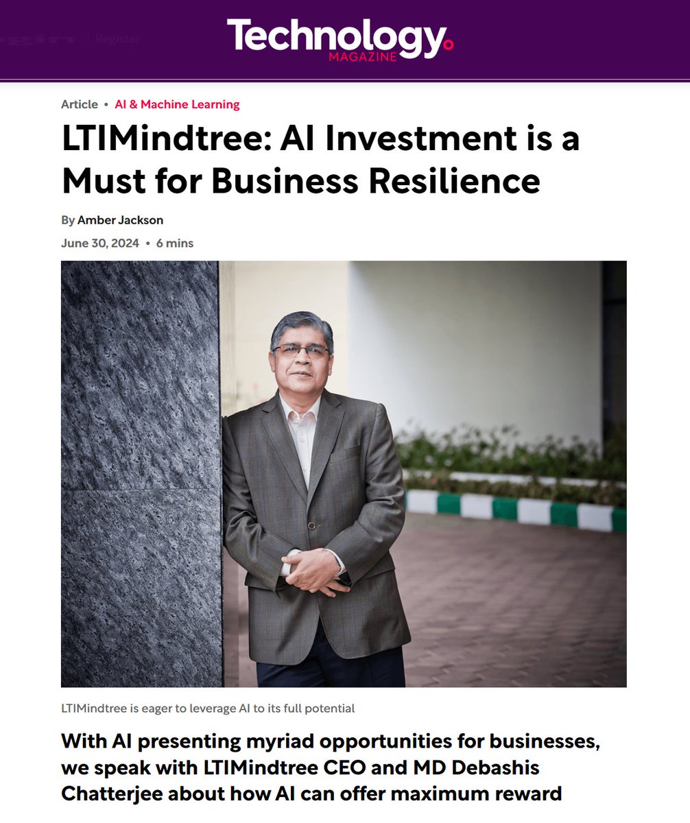 In an interview with <a href="/TechnologyMagBC/">Technology Magazine</a>, Debashis Chatterjee, CEO &amp; MD at #LTIMindtree, discusses how #AI can future-proof your business, enhance decision-making &amp; drive innovation. Stay ahead &amp; thrive by integrating AI into your strategy. Read more: srkl.in/6019BNXpS7