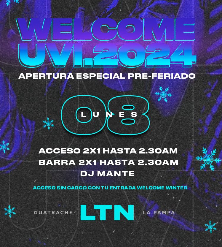 este LUNES #PreFeriado comenzamos las vacaciones con todo🥳

❄️UVI 2024❄️
acceso y barra 2x1 hasta 2.30AM
#NextbyLatino #Guatraché