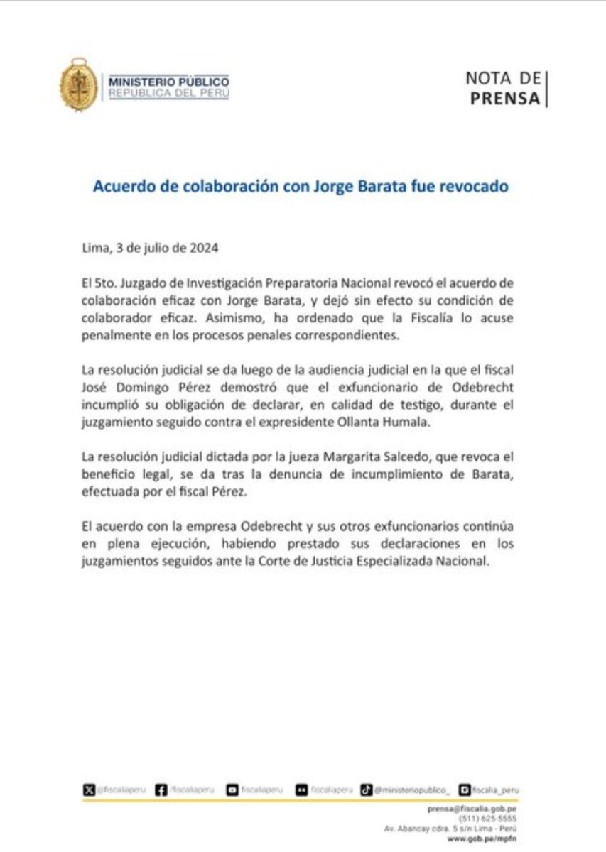No nos engañen. 
Fiscalía acusará a Barata, su principal testigo de cargo en los procesos lavajato, cuando sabe perfectamente que no podrá extraditarlo de Brasil. Tampoco tienen ningún incentivo para que declare porque le dieron todos los beneficios por tan poca información y